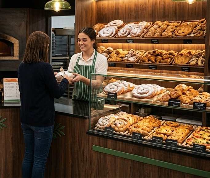 Mostrador de una panadería de barrio con pan artesano y bollería